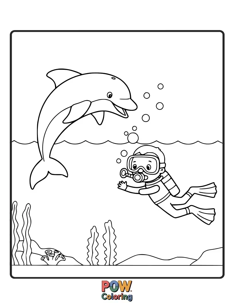 Free coloring page of A friendly dolphin swimming alongside a scuba diver exploring the ocean.