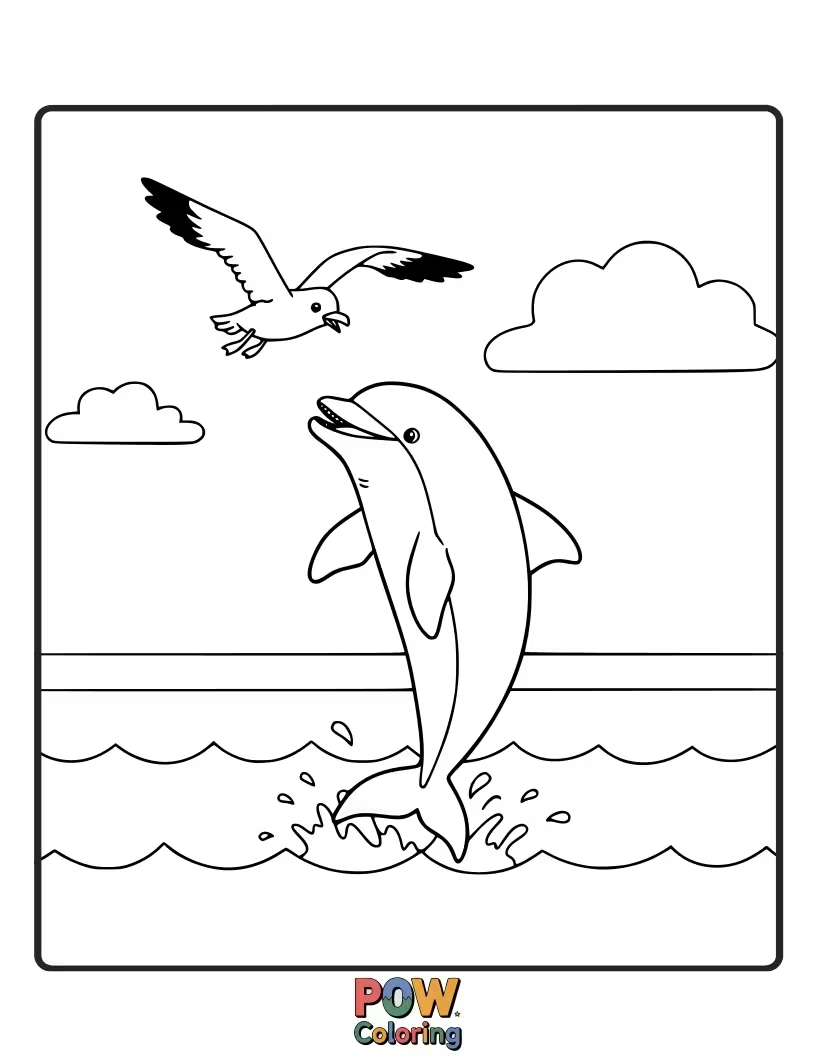 Free coloring page of A dolphin leaping out of the water near a friendly seagull flying above.