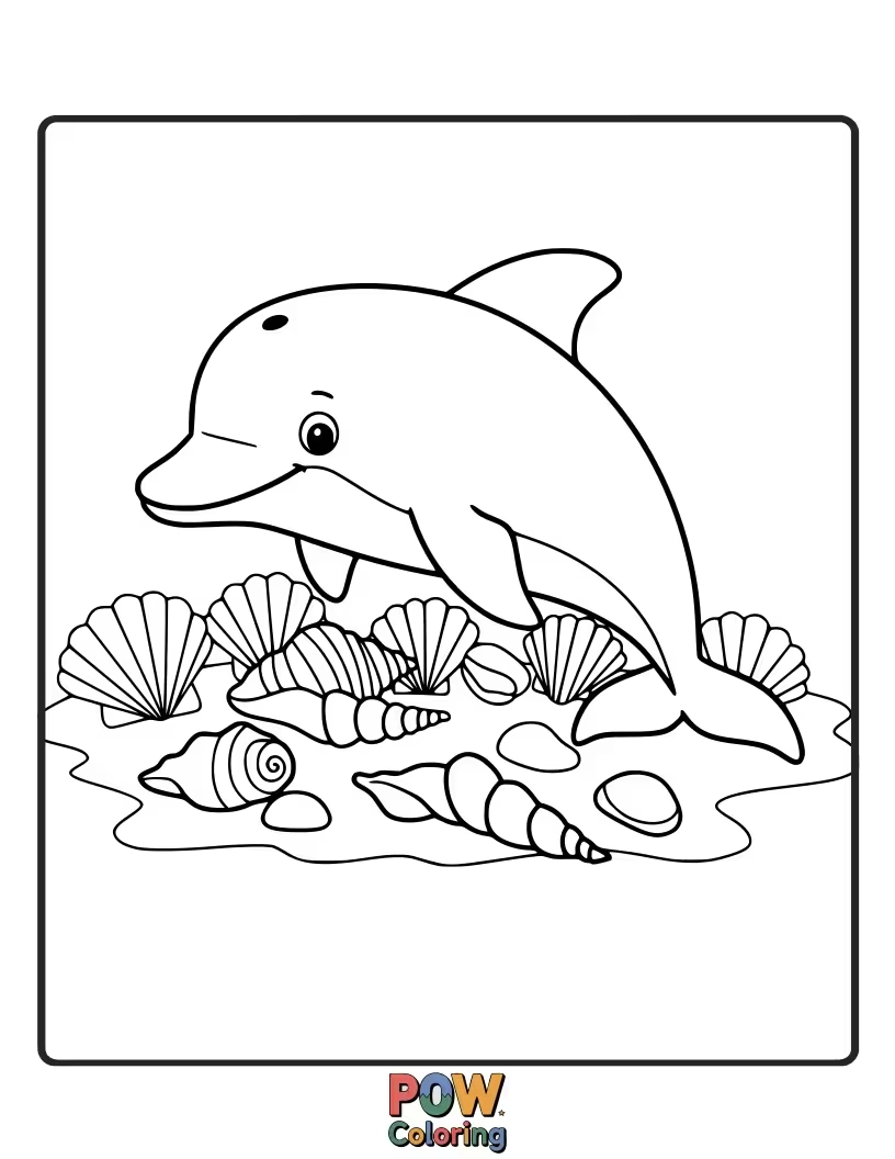 Free coloring page of A curious dolphin swimming amongst colorful seashells scattered on the ocean floor.
