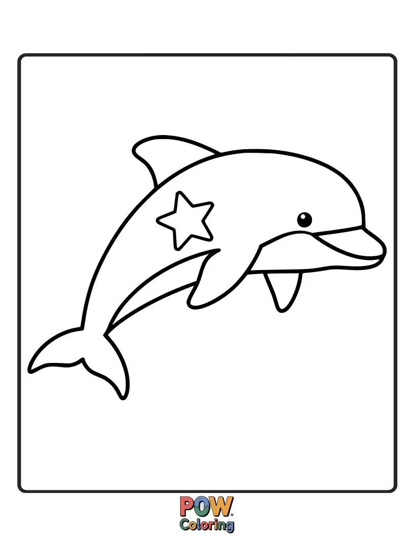 Free coloring page of A dolphin swimming happily under a bright, twinkling star in the night sky.