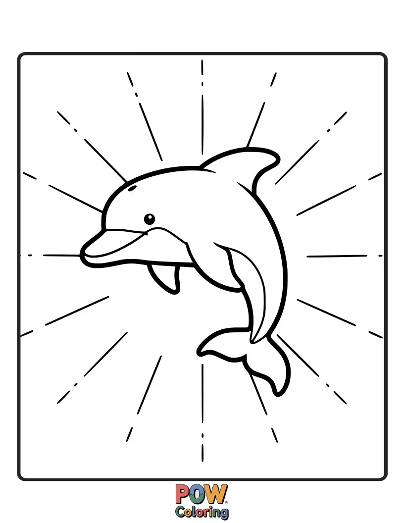 Free coloring page of A dolphin swims upwards towards the sun's light filtering through the ocean's surface.