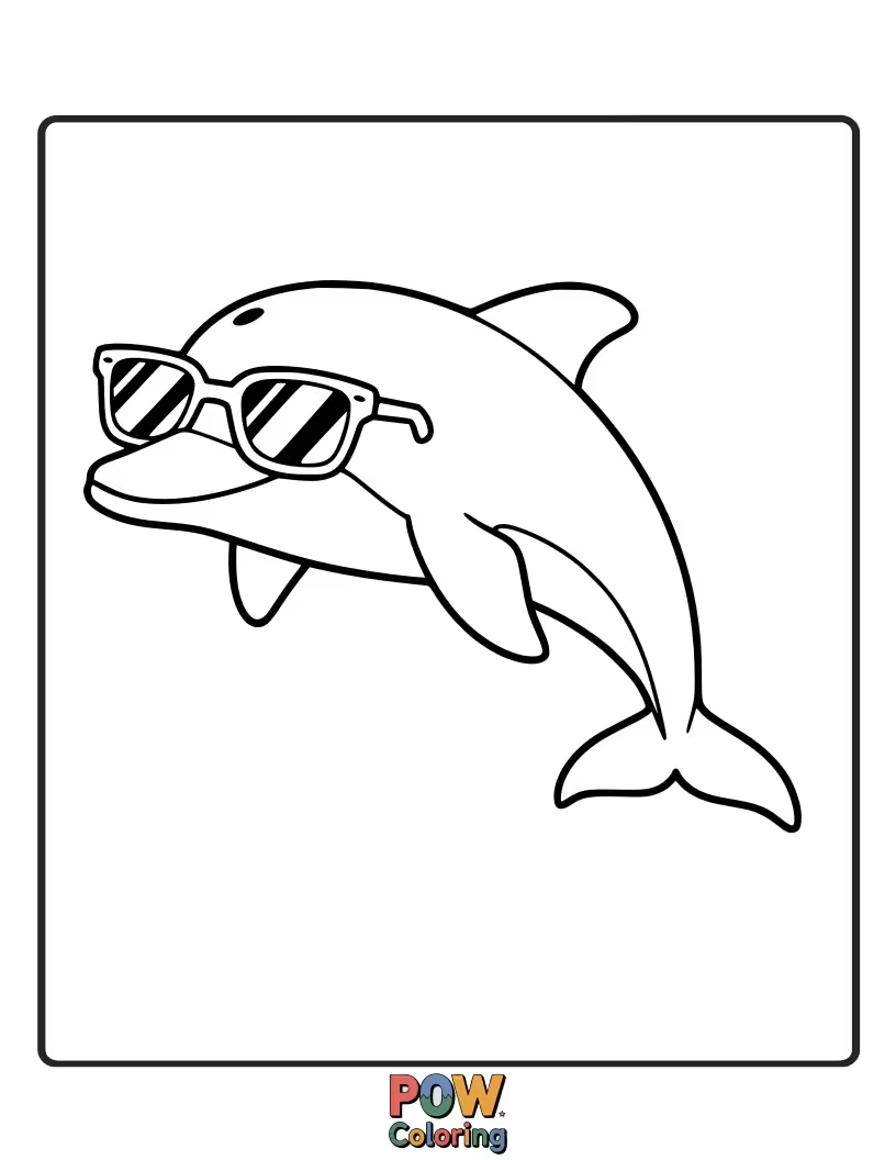 Free coloring page of A cool dolphin wearing sunglasses, enjoying a sunny day at sea.