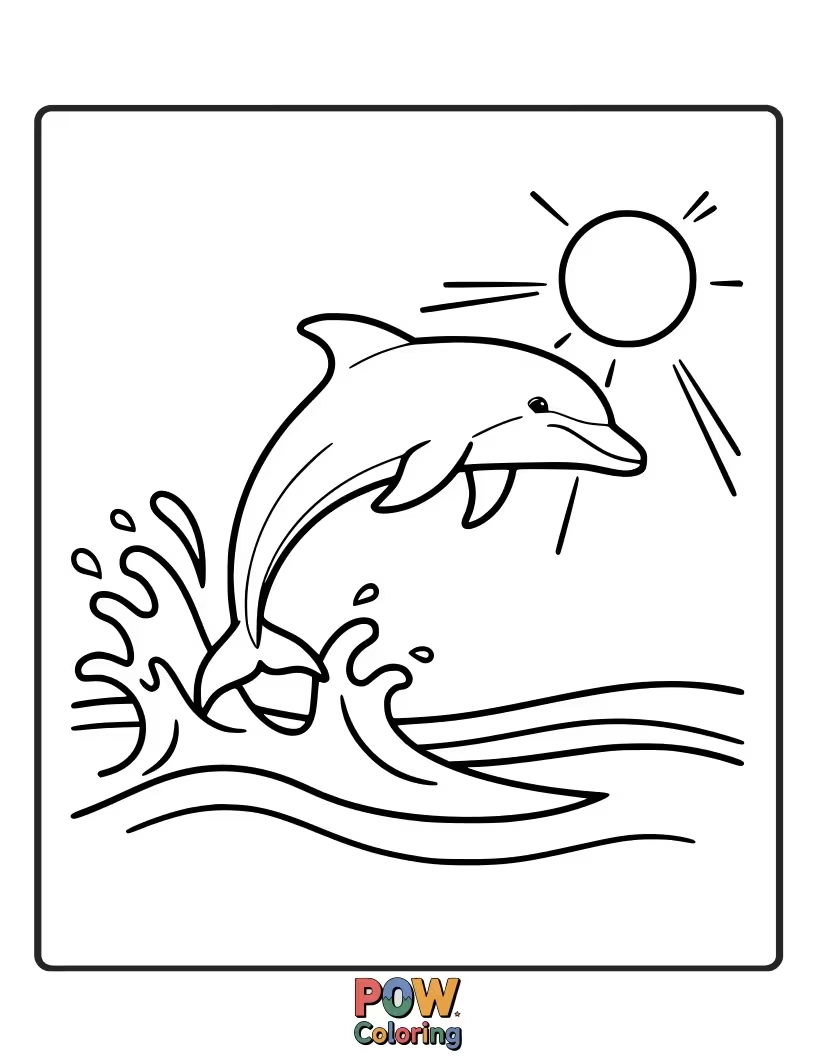 Free coloring page of A cheerful dolphin leaps from the water, leaving a trail of heart-shaped bubbles, celebrating love and fun this Valentine's.