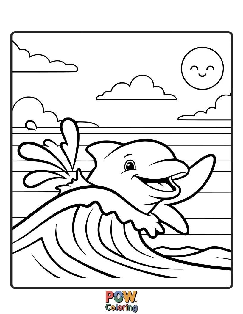 Free coloring page of A cheerful dolphin leaping out of the water, waving its fin. A friendly and dynamic farewell.
