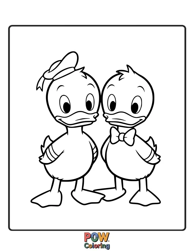 Free coloring page of Donald Duck tries to get his nephews, Huey, Dewey, and Louie, to hang stockings by the chimney.