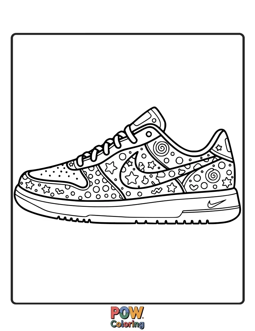Free coloring page of A playful Nike shoe covered in fun doodles, scribbles, and whimsical patterns for endless creative expression.