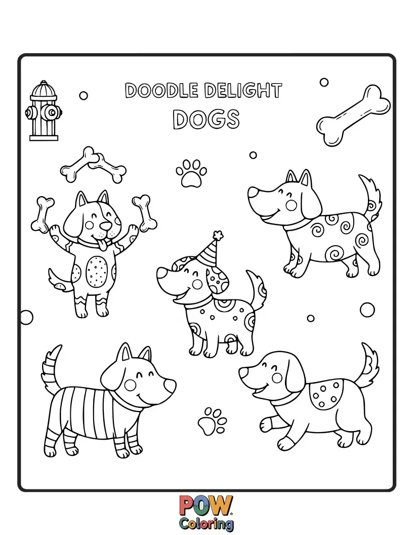 Free coloring page of Simple yet charming dogs created in a doodle art style, with playful lines and quirky details, encouraging free-form coloring creativity.
