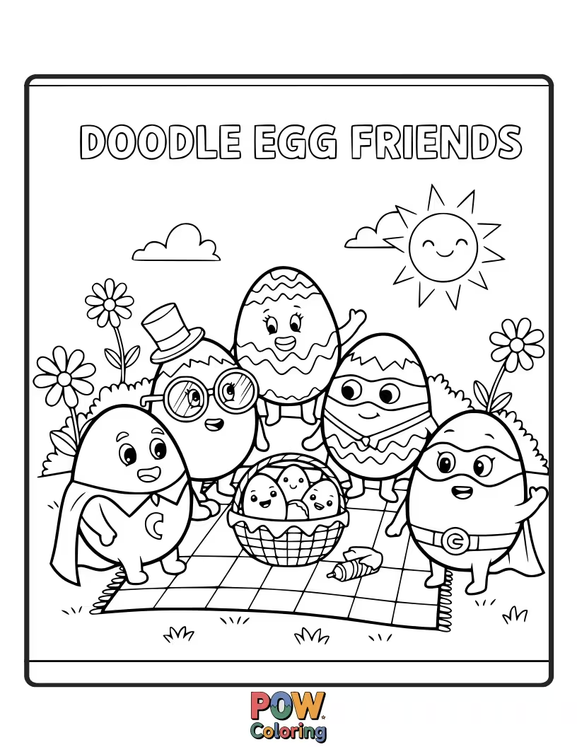 Free coloring page of A collection of cute, hand-drawn eggs with simple smiley faces and little doodles like stars and hearts, ready for colorful adventures.