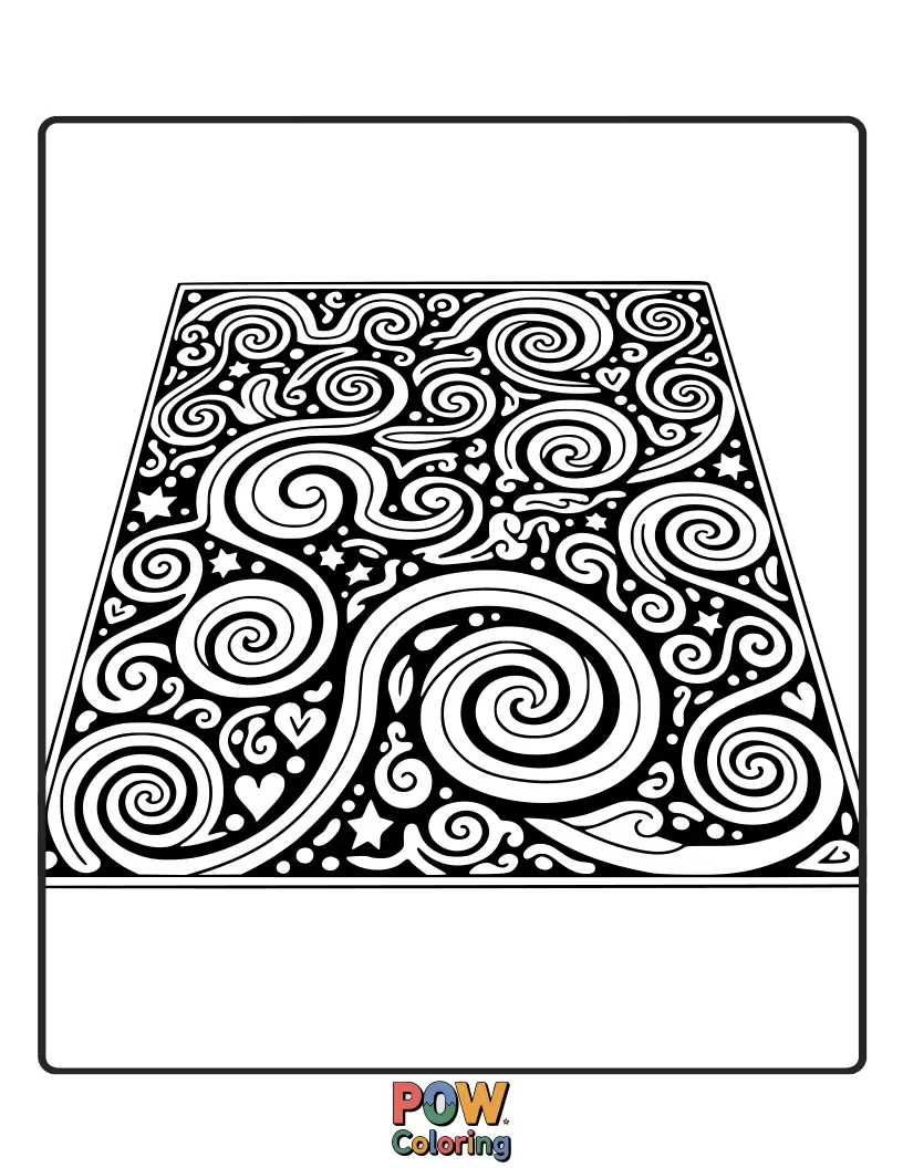 Free coloring page of A rug filled with whimsical, hand-drawn doodle swirls. Let your creativity run wild with spontaneous patterns.