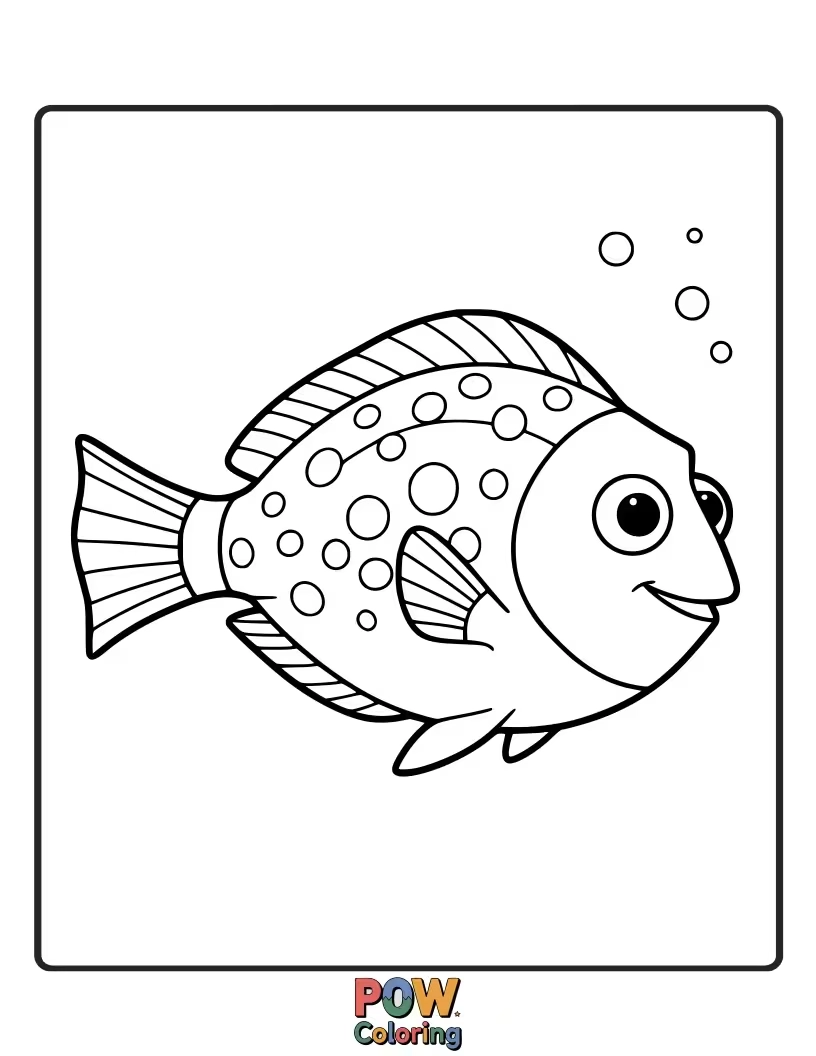 Free coloring page of A cheerful Dory-inspired fish with simple dots, encouraging color matching and recognition of beloved characters.