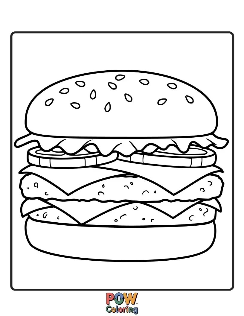 Free coloring page of Two stacked beef patties with all the toppings – cheese, pickles, onions, and ketchup. An exciting challenge for colorists.