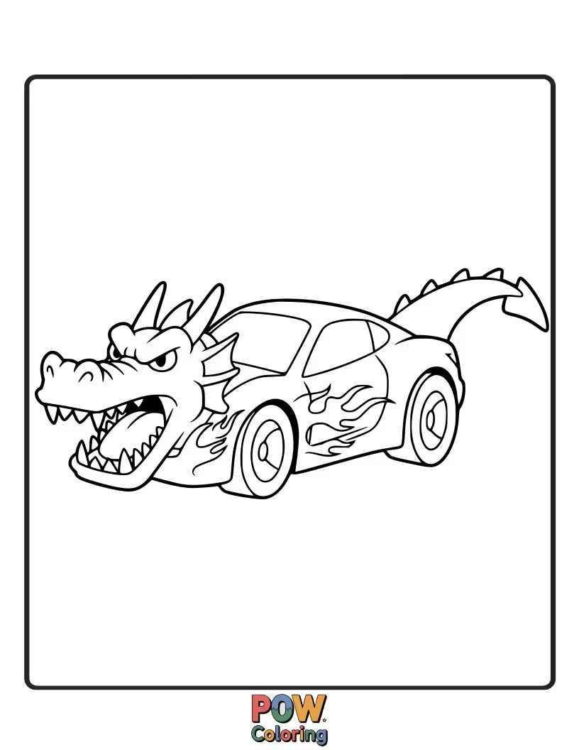 Free coloring page of A mythical race car with dragon-like features, breathing fire as it competes for the win.