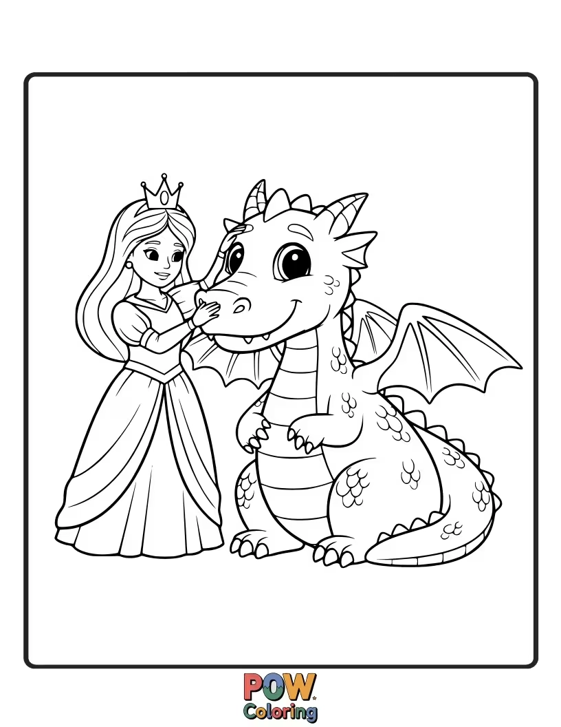 Free coloring page of A brave princess befriending a gentle, baby dragon in a cozy cave.
