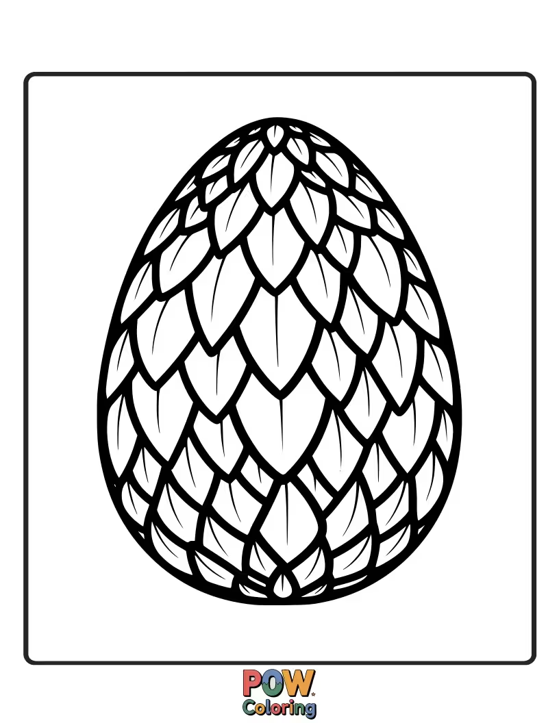 Free coloring page of An egg adorned with detailed, overlapping dragon scales, inviting a fiery or majestic color palette.