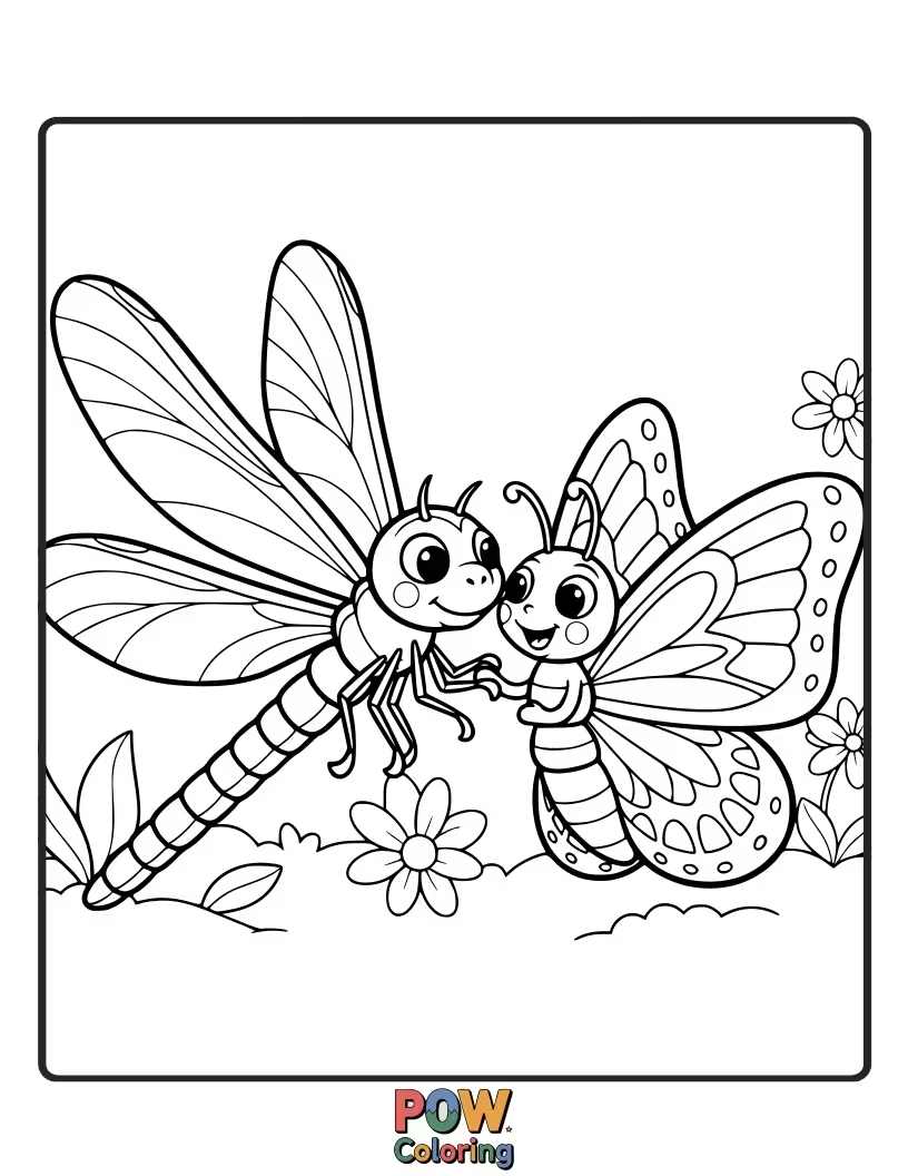 Free coloring page of A funny butterfly with dragonfly wings, trying its best to impersonate its long-winged cousin with amusing results.