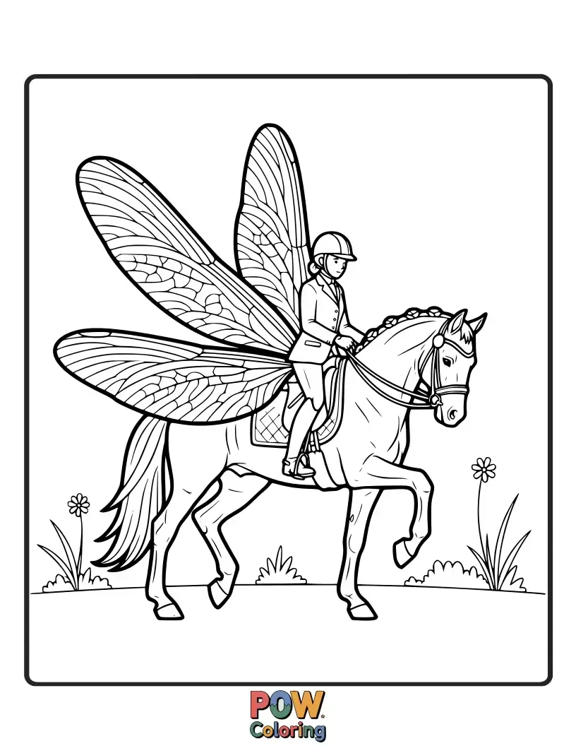 Free coloring page of A majestic horse with shimmering dragonfly wings, performing an elegant dressage move.