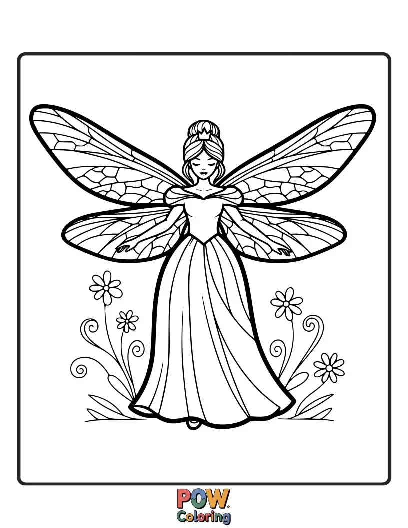Free coloring page of A whimsical princess with iridescent dragonfly wings, shimmering in the sunlight.