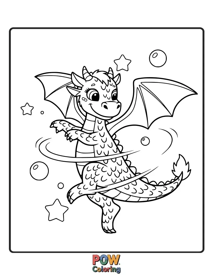 Free coloring page of A surprisingly graceful dragon, adorned with a tiny tiara, attempts a pirouette, scales shimmering. Mighty moves!