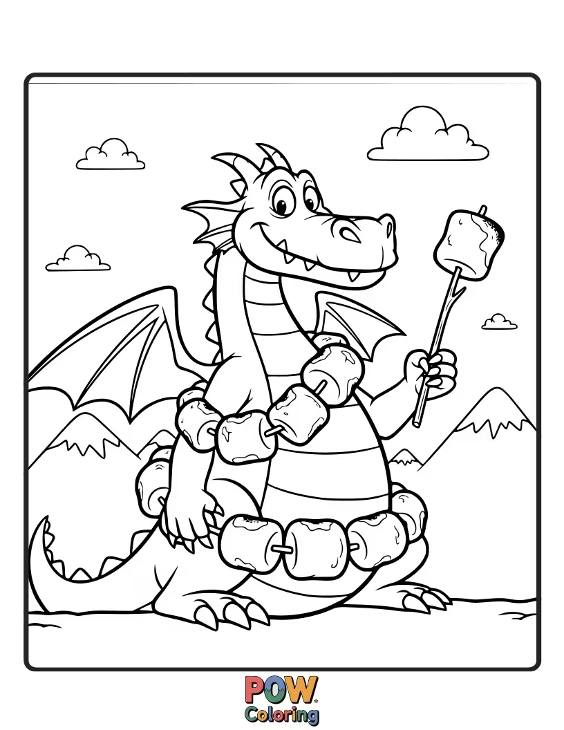 Free coloring page of A dragon is happily blowing smoke rings that form funny shapes, not fire.