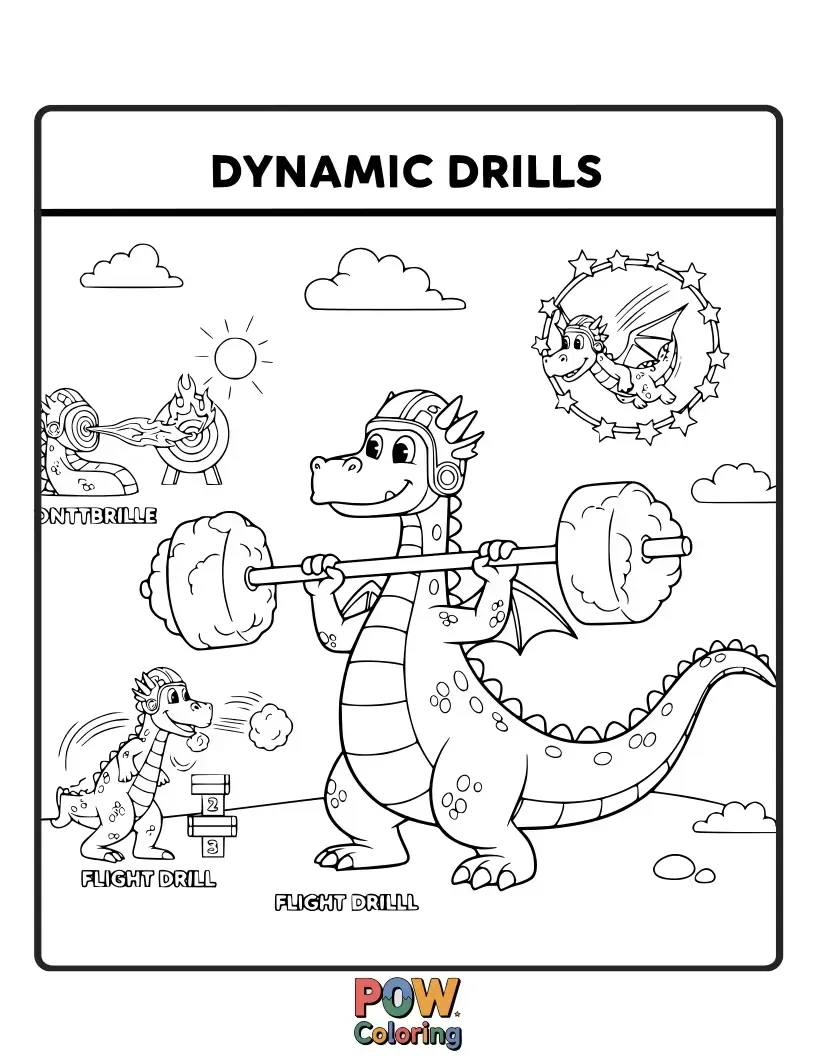 Free coloring page of A friendly, small dragon breathing gentle puffs of smoke as it completes dynamic stretching exercises in a cave gym.