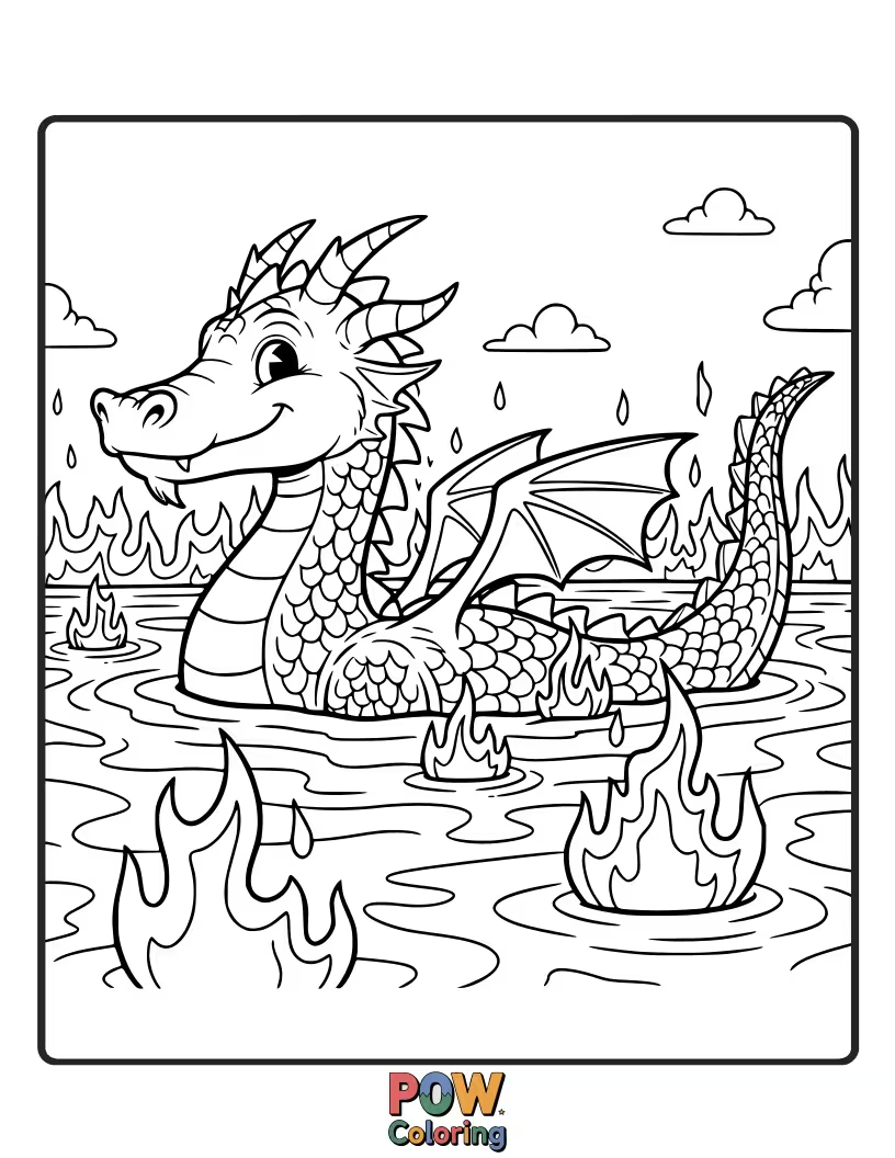 Free coloring page of A friendly dragon with shimmering scales enjoys a relaxing swim in a volcanic hot spring, steam rising gently.