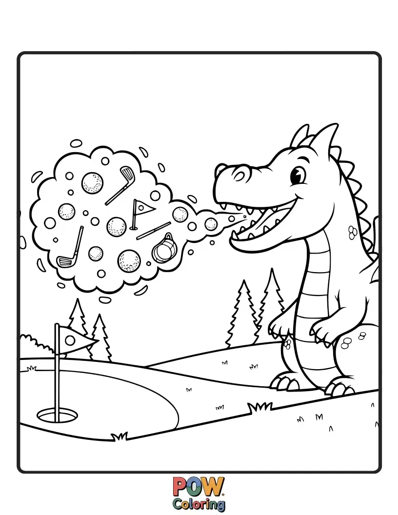 Free coloring page of A friendly dragon gently exhaling smoke towards a golf ball, warming up the tee box.