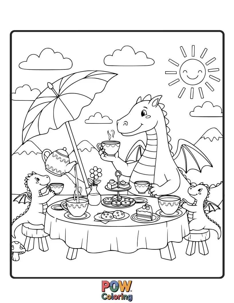Free coloring page of A cute, baby dragon is having a delightful tea party with a friendly, elderly wizard and a stack of cookies.