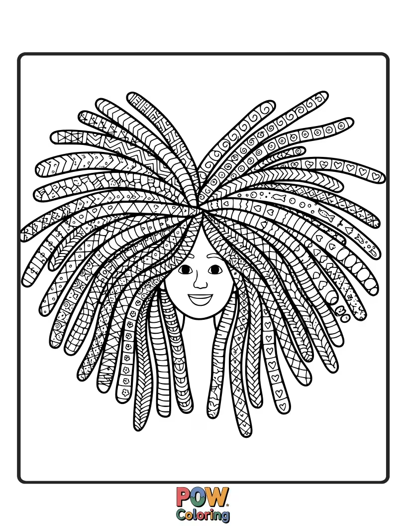 Free coloring page of A unique hairstyle with intricate dreadlock patterns.