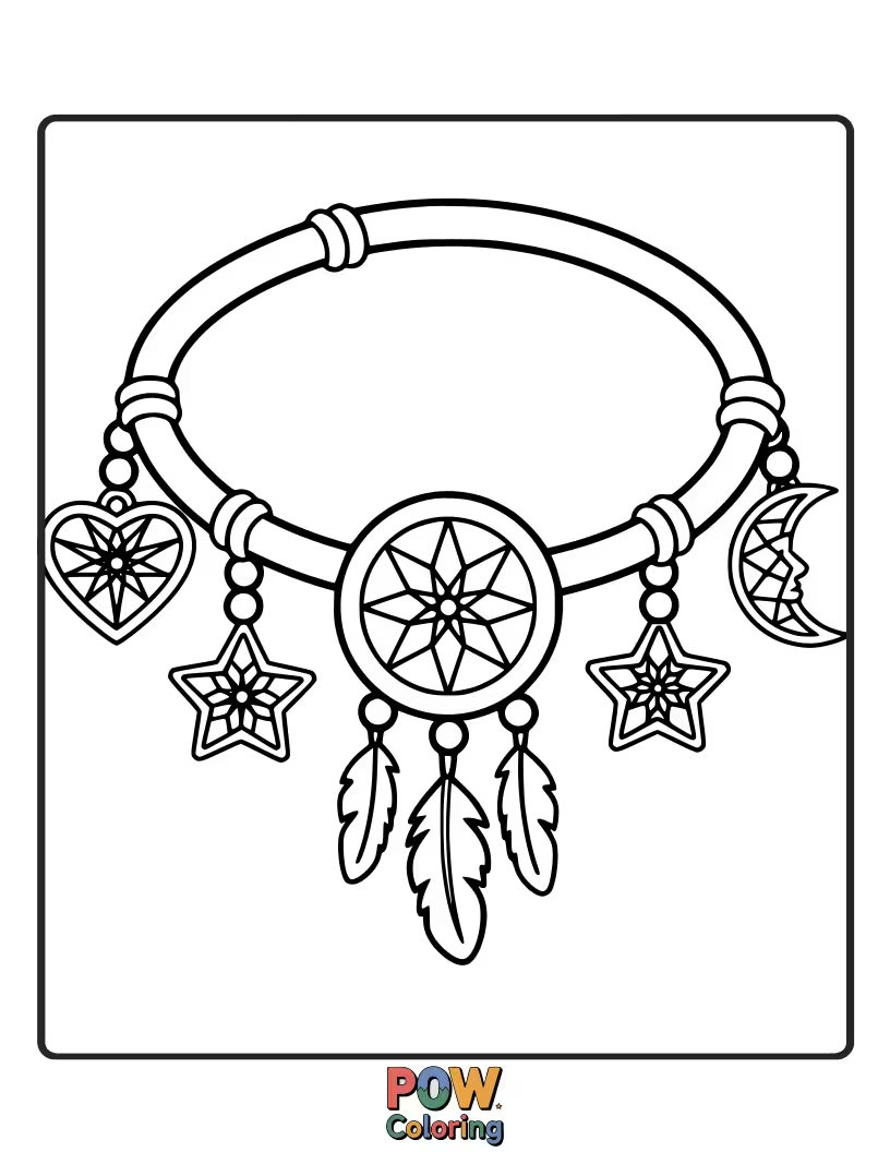 Free coloring page of Miniature dreamcatcher outlines are the charms on this mystical bracelet. Bohemian and beautiful.