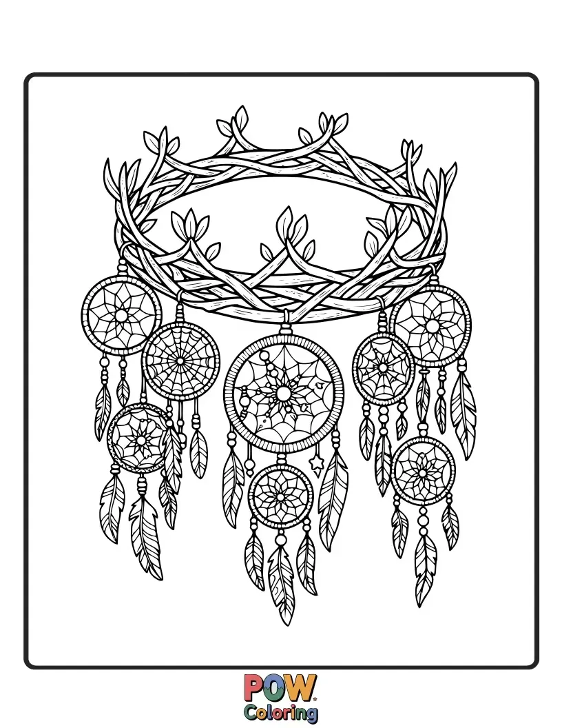 Free coloring page of A serene crown inspired by dreamcatchers, with intricate weaving, feathers, and subtle bead accents.