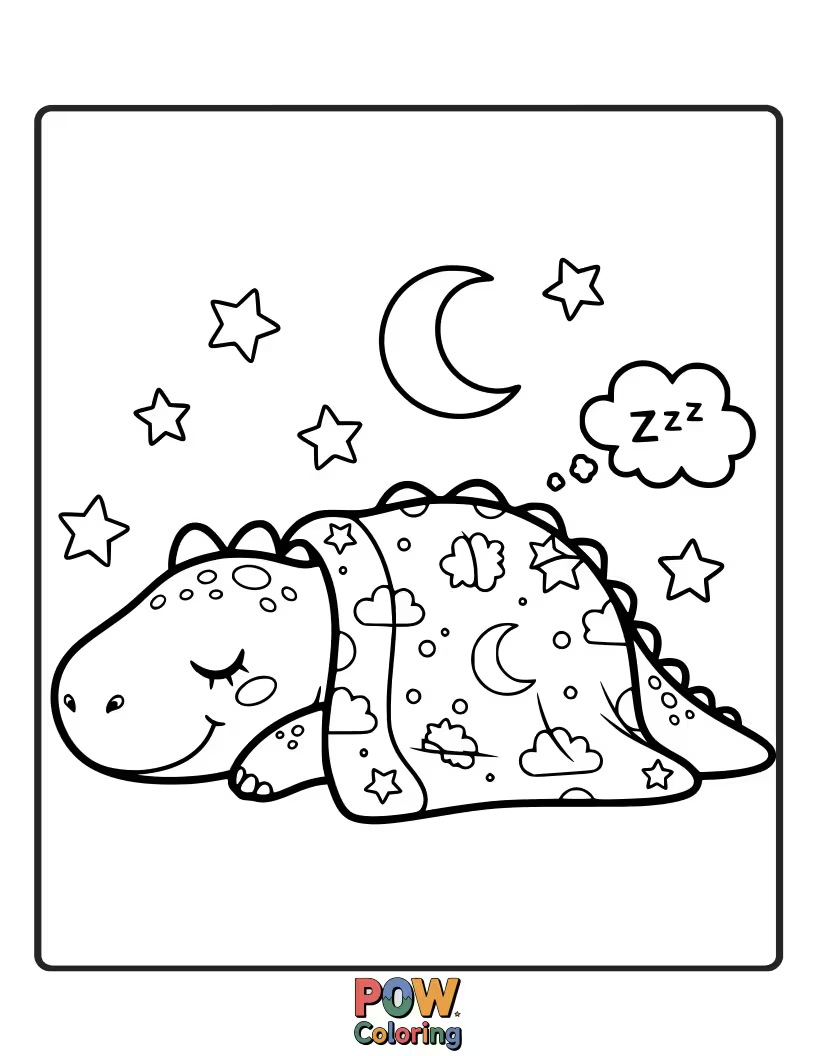 Free coloring page of A gentle dinosaur snoozing peacefully beneath a patterned blanket.