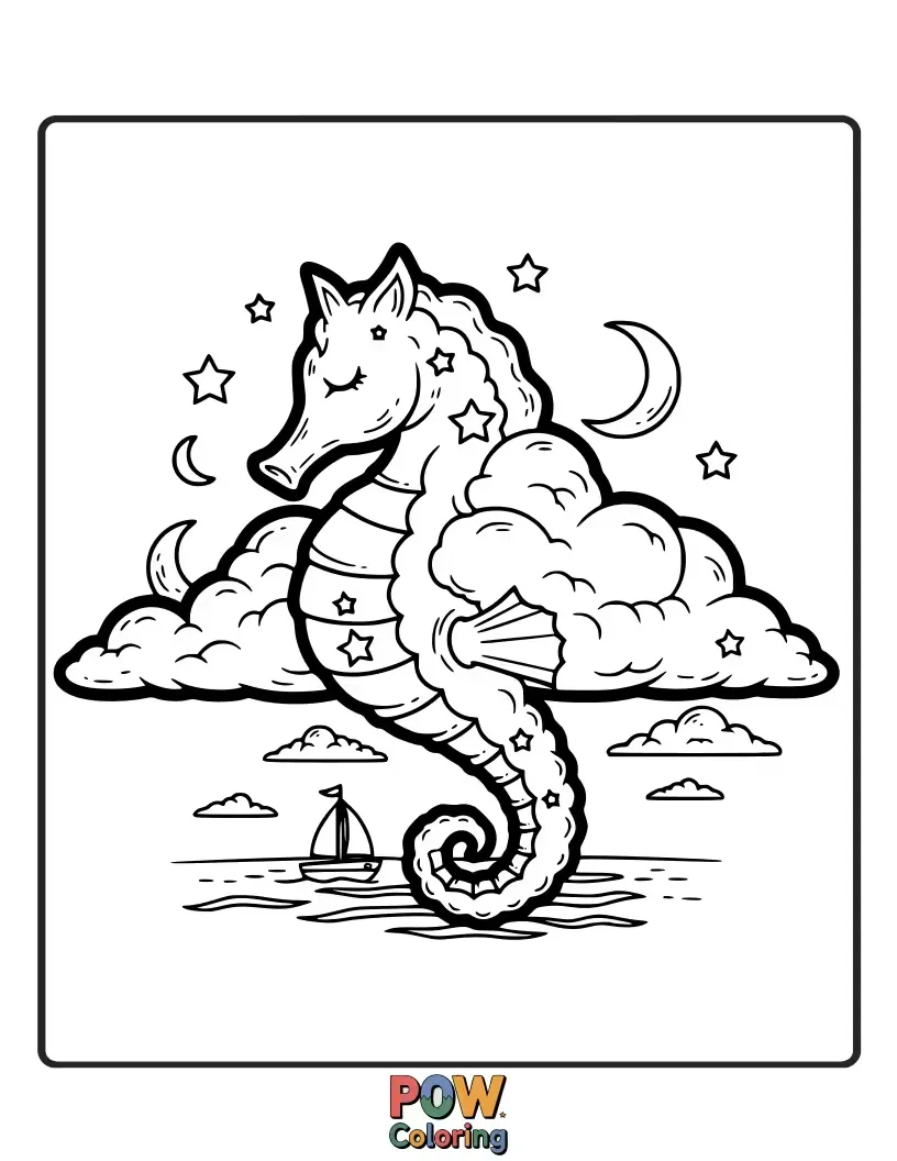 Free coloring page of A tranquil seahorse floating amongst soft, fluffy cloud-like jellyfish, lost in a peaceful underwater dream.