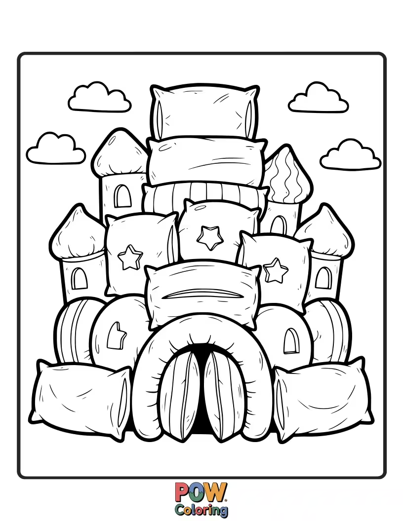 Free coloring page of A whimsical pillow designed like a tiny, sleeping castle. Color its turrets and fairytale enchantment.