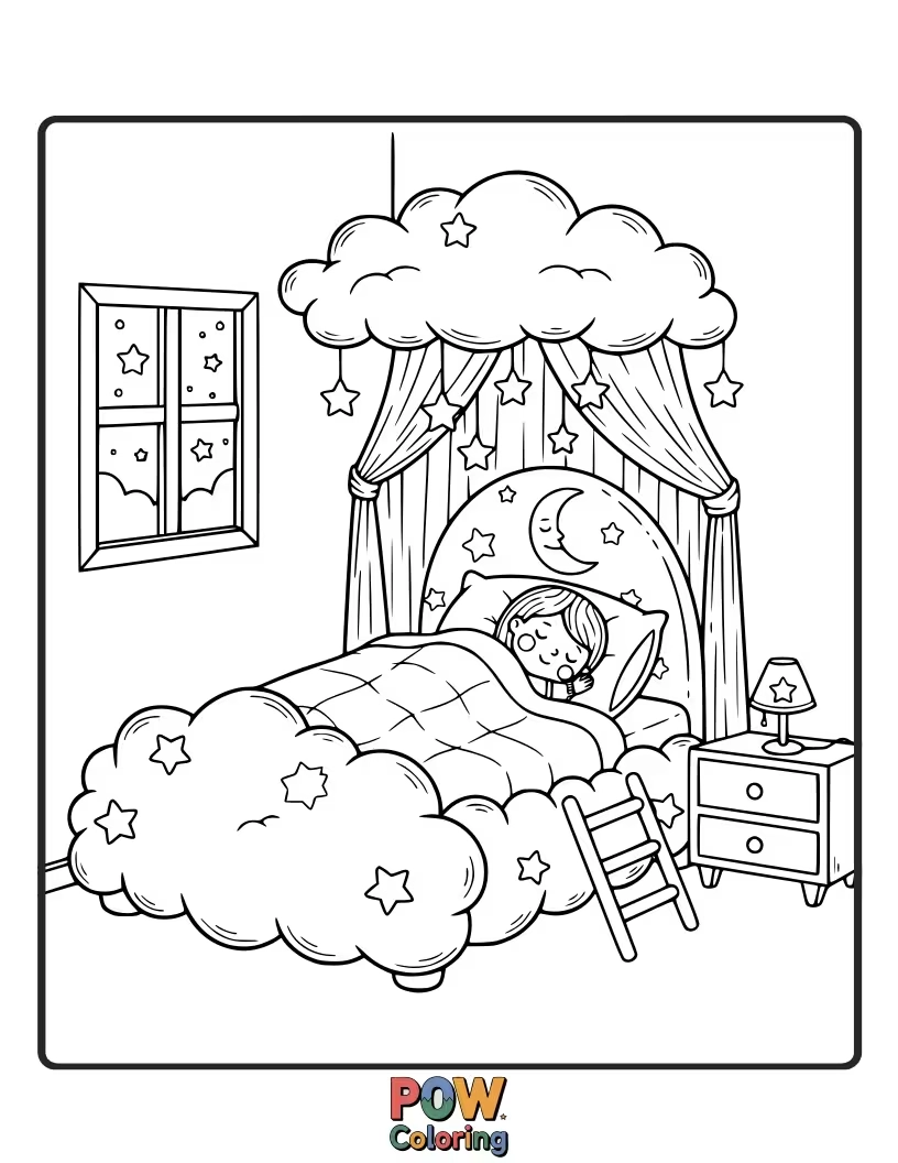 Free coloring page of A fluffy cloud bed floats in a starry night sky, perfect for whimsical dreams and soft pastel colors.