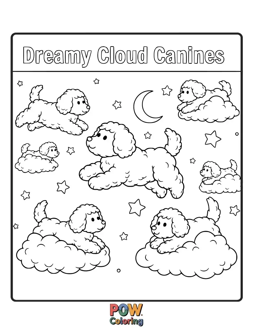 Free coloring page of Fluffy dogs that look like they're made of soft clouds, drifting lazily through a dreamy sky with gentle pastel hues.