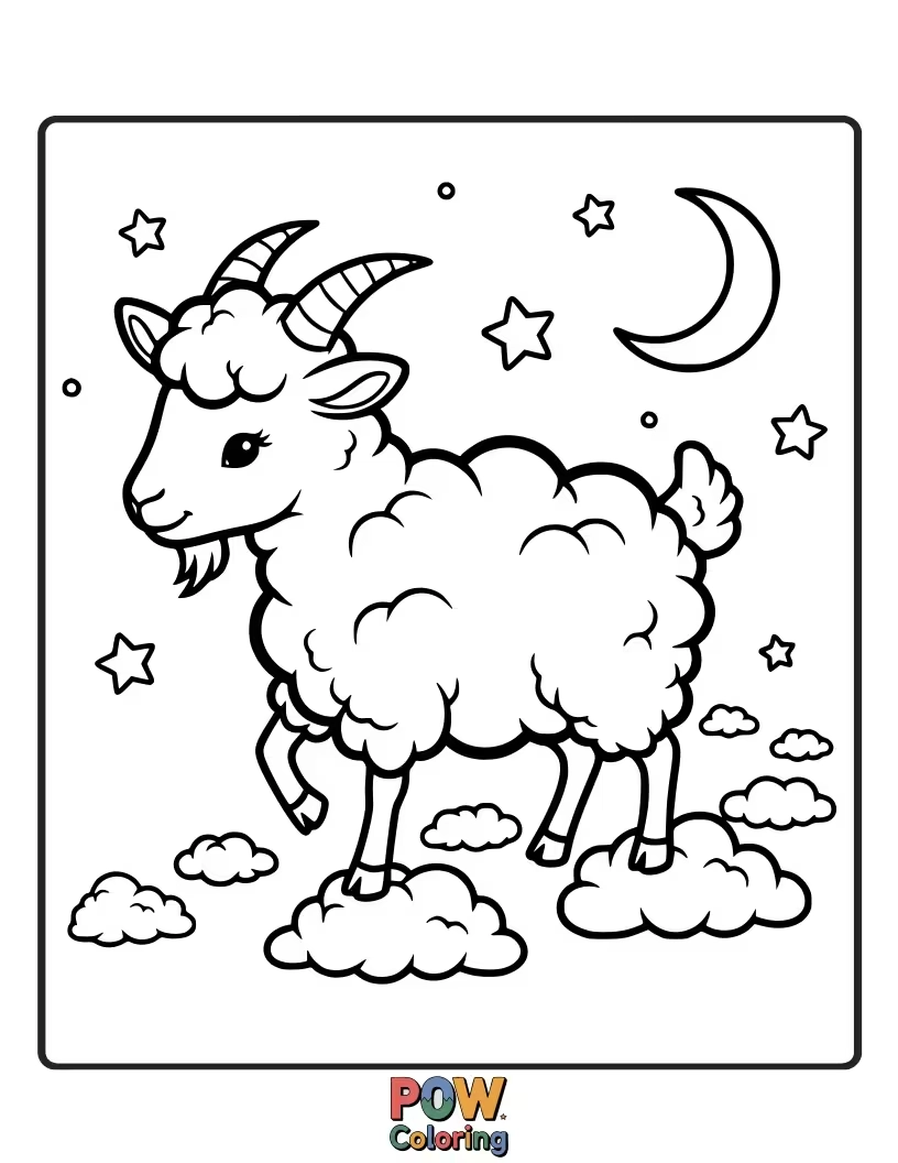 Free coloring page of A fluffy goat with sleepy eyes resting on a soft, puffy cloud, surrounded by gentle stars and a crescent moon.