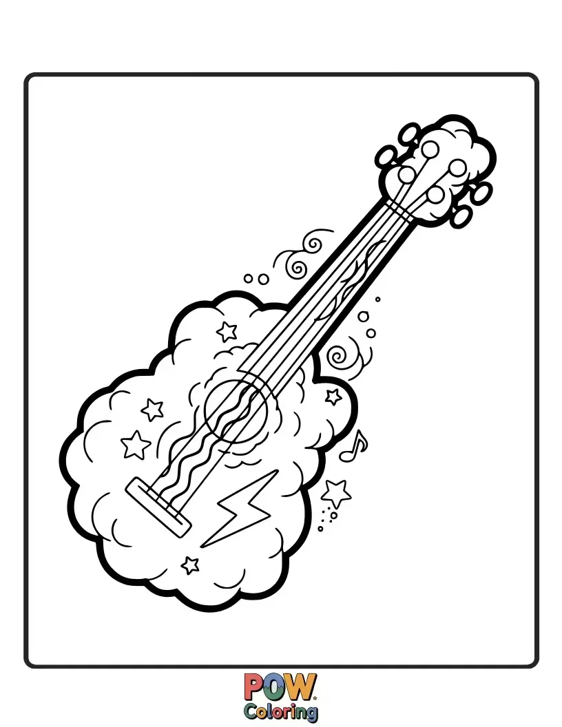 Free coloring page of A fluffy cloud shaped like a guitar, with soft raindrops of music notes falling gently.