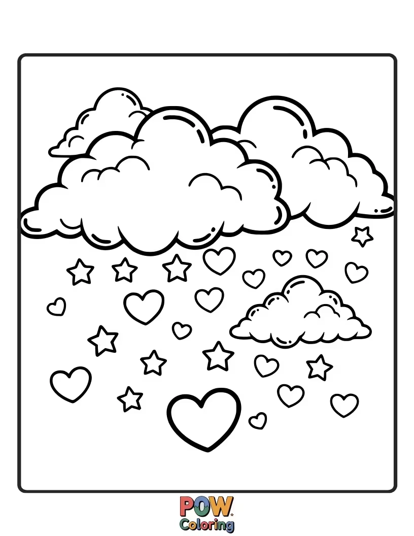 Free coloring page of Soft, fluffy clouds shaped like hearts floating in a starry night sky. Peaceful and serene.