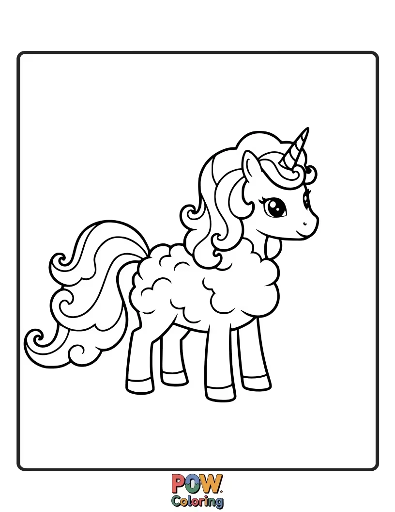 Free coloring page of Gentle unicorn resting on fluffy clouds, with a serene expression.