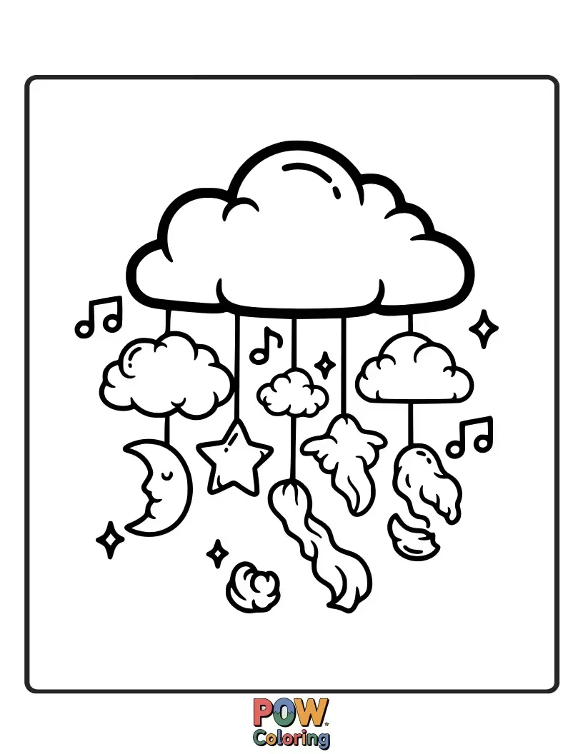 Free coloring page of Soft, fluffy clouds holding delicate wind chimes, floating in a pastel sky.