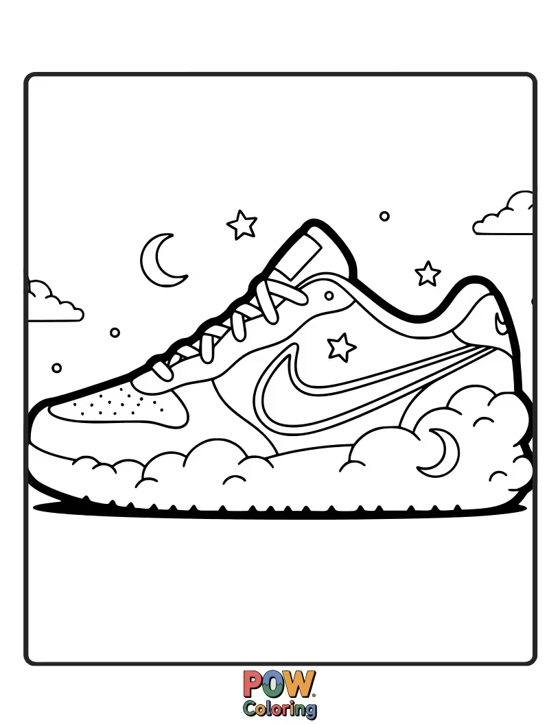Free coloring page of A soft and serene Nike shoe floating on a fluffy cloud, with stars and a crescent moon.
