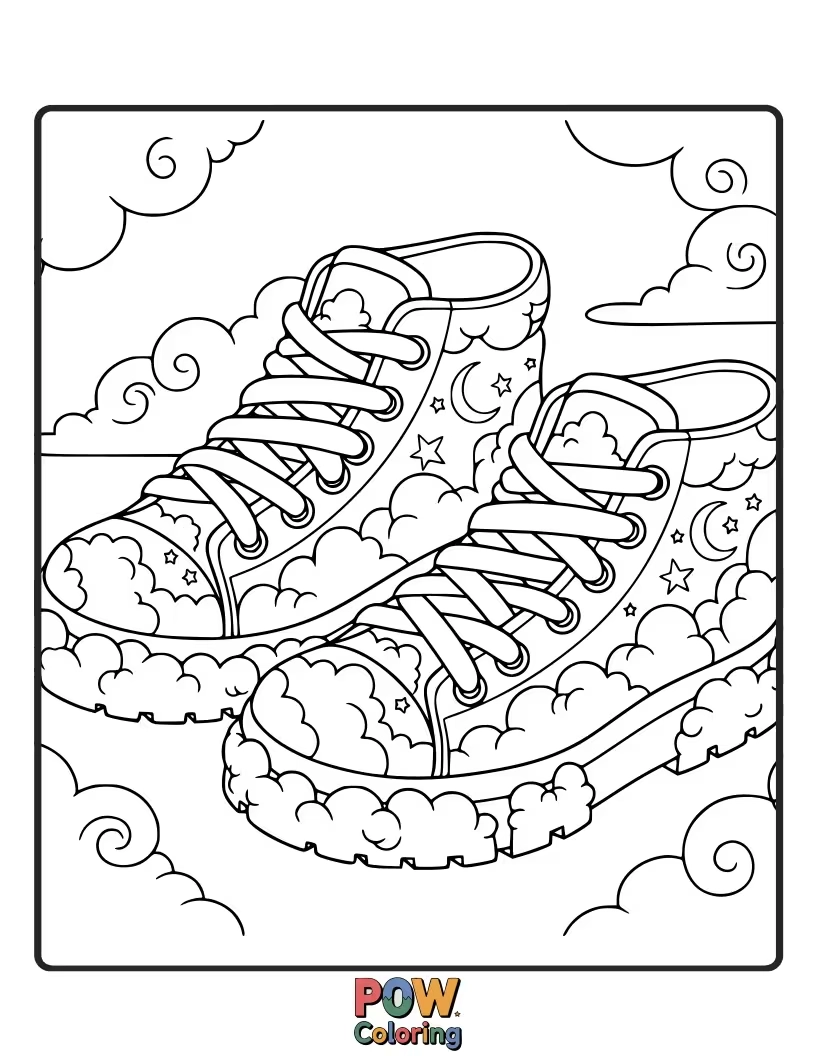 Free coloring page of A sneakers were made with the dreamy cloudy clouds around it.