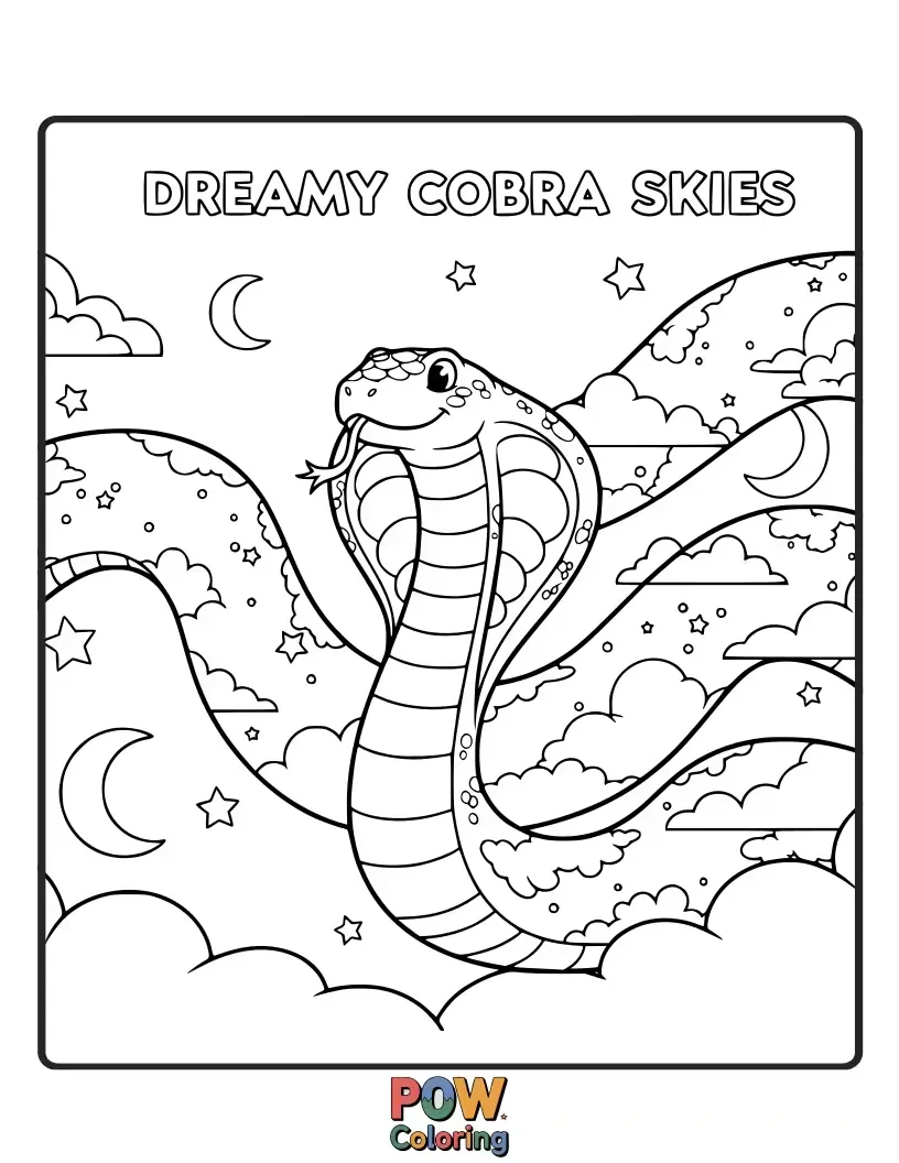 Free coloring page of A creative cobra snake made of soft clouds, drifting lazily across a starry night sky.