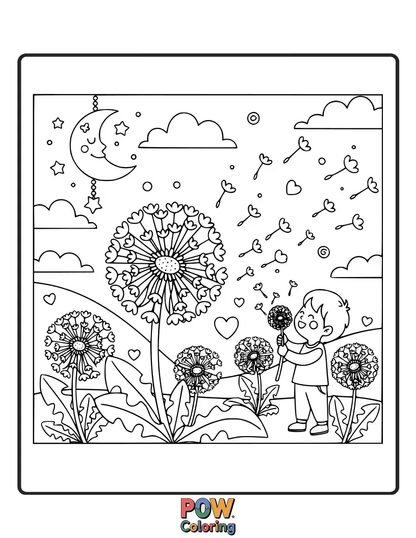 Free coloring page of A field of oversized dandelions, ready to have their seeds blown for making wishes in a peaceful garden setting.