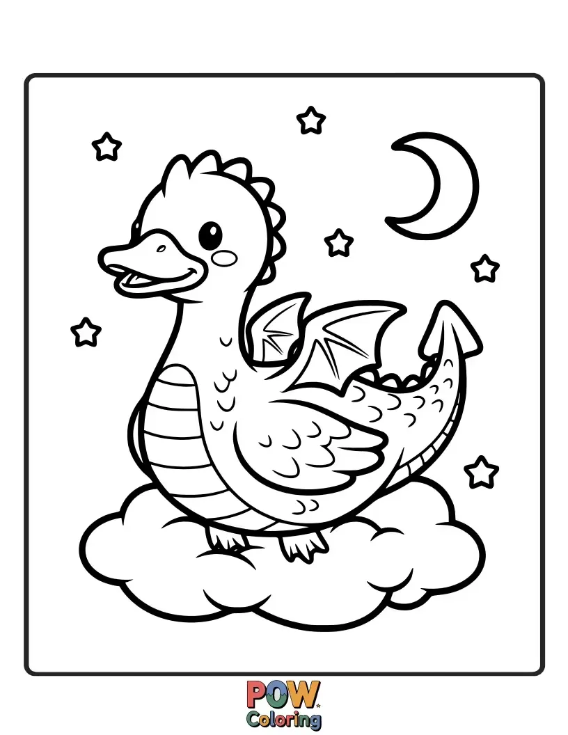 Free coloring page of A fantasy duck with small, cute dragon wings and scales, ready for imaginative play.
