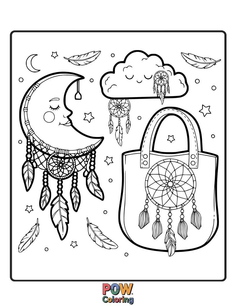 Free coloring page of Beautiful bags inspired by dreamcatchers, with intricate webs and feathers, capturing peaceful dreams and artistic expression.