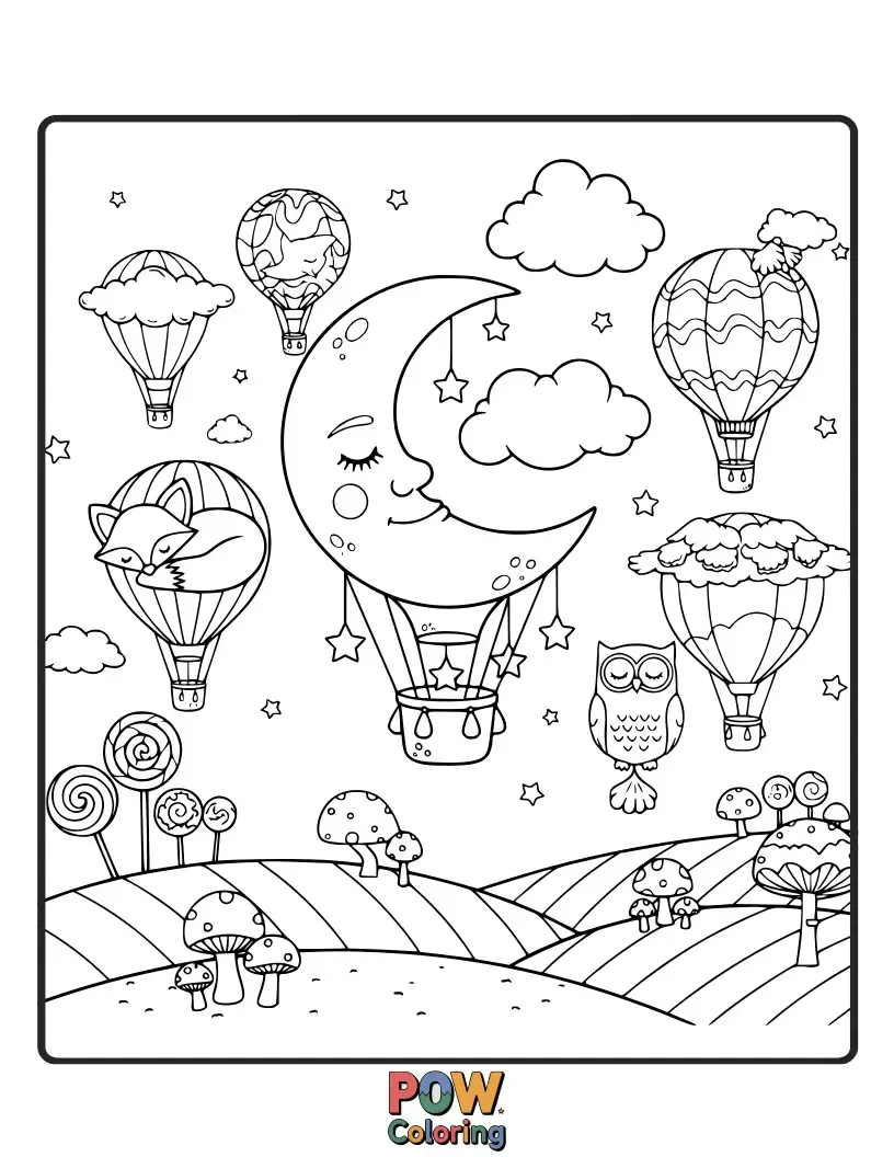 Free coloring page of Surreal hot air balloons in fantastical shapes and colors, drifting through a landscape of dreams and imagination.