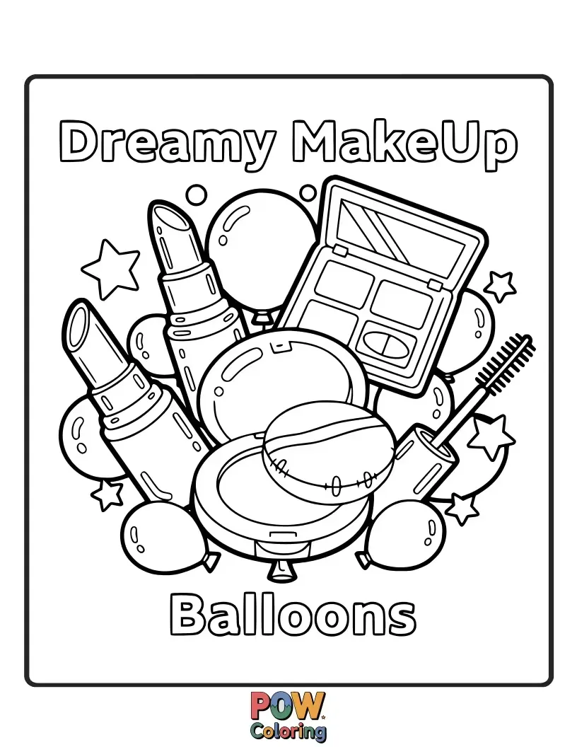 Free coloring page of Floating balloons shaped like lipstick, mascara, and blush, drifting across a sky. Let your imagination soar with these colorful shapes.