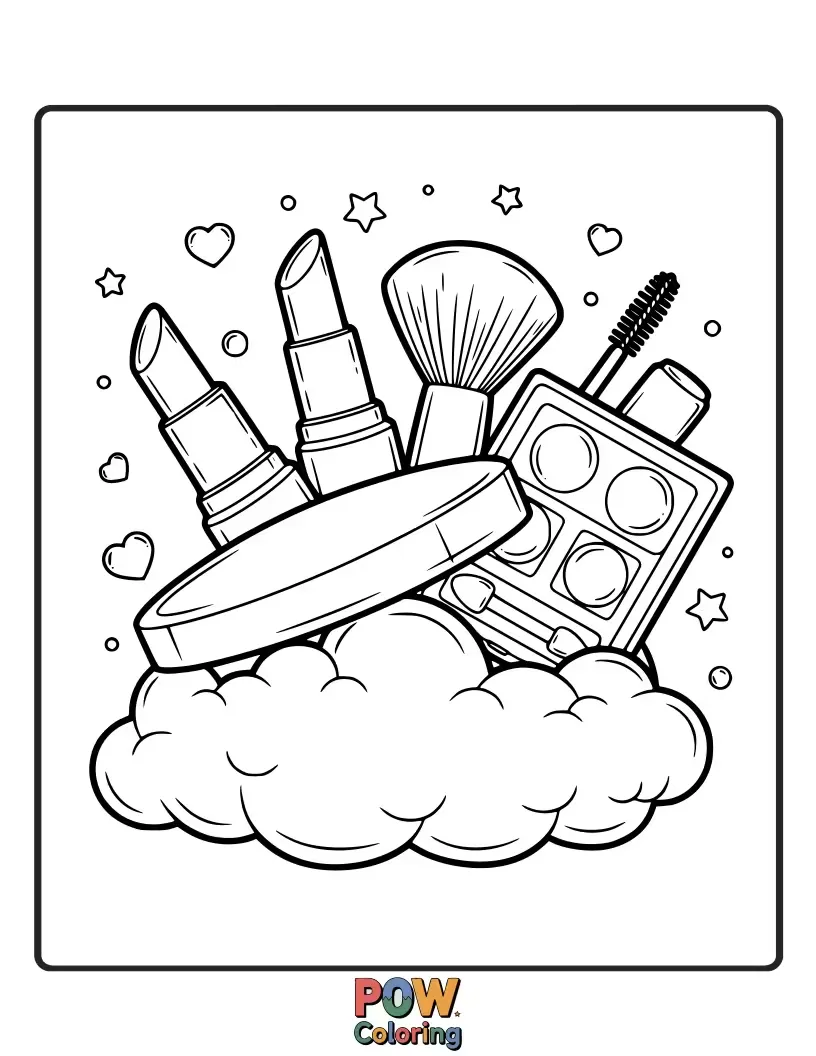 Free coloring page of Fluffy cloud shaped like a makeup palette, raining stars and glitter. Unleash your imagination with this dreamy design.