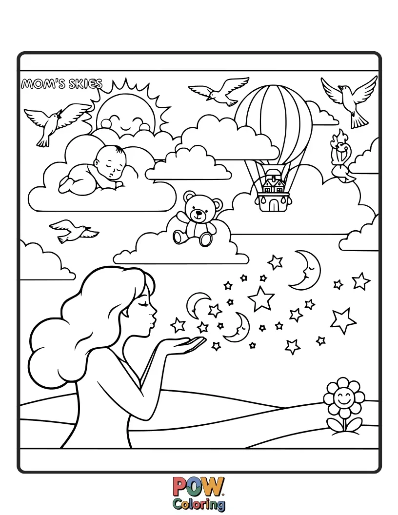 Free coloring page of A mom looking up at a night sky filled with stars, moons, and swirling galaxies. Captures wonder and dreams.